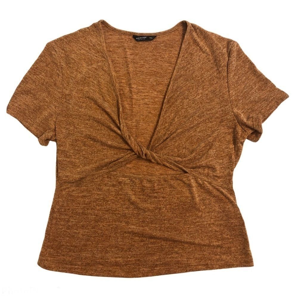 Shein curve cropped burnt orange twist front short sleeve top blouse cheap 1X